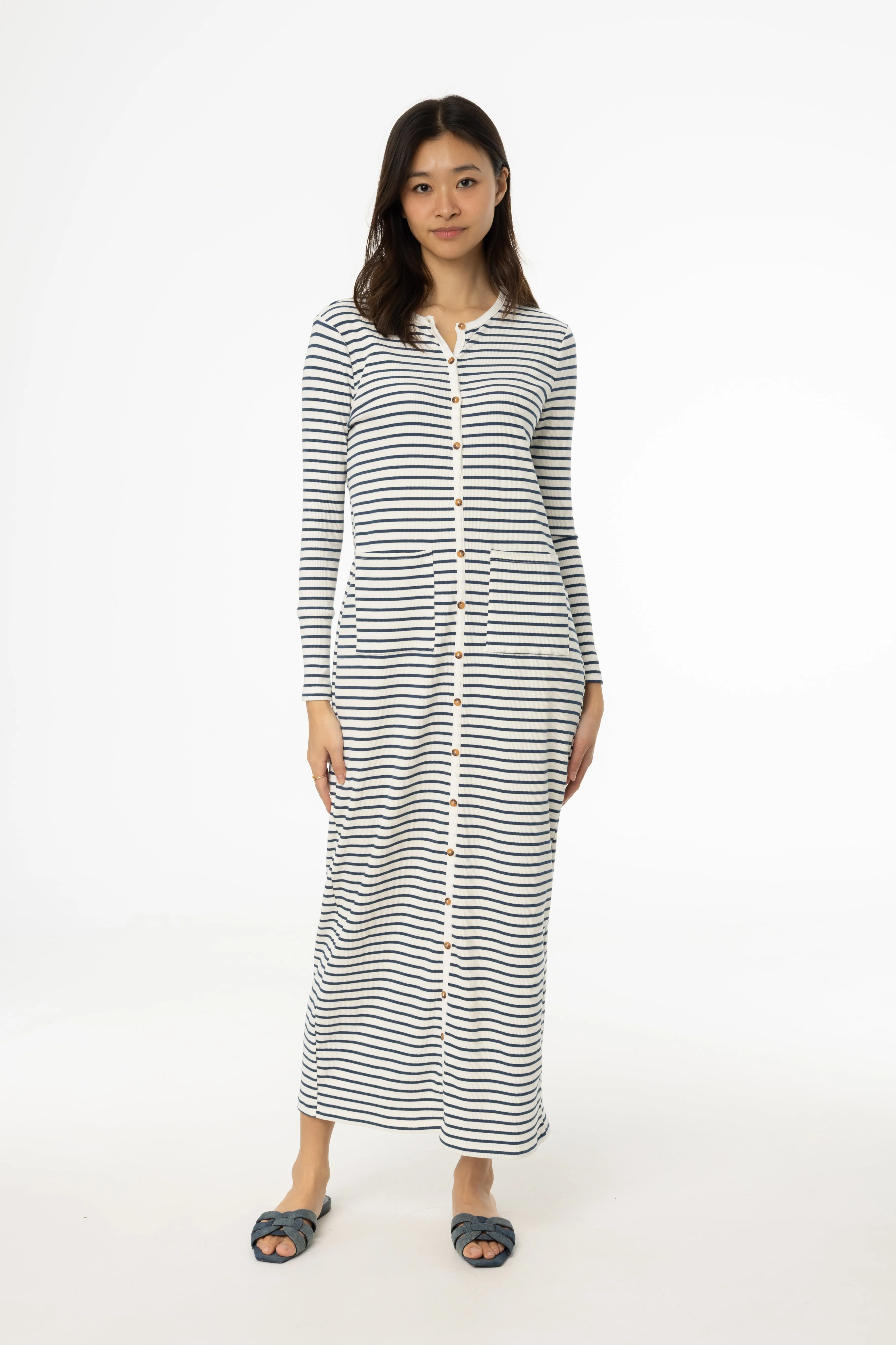 Fashion Design Blue Striped Cardi Maxi Dress