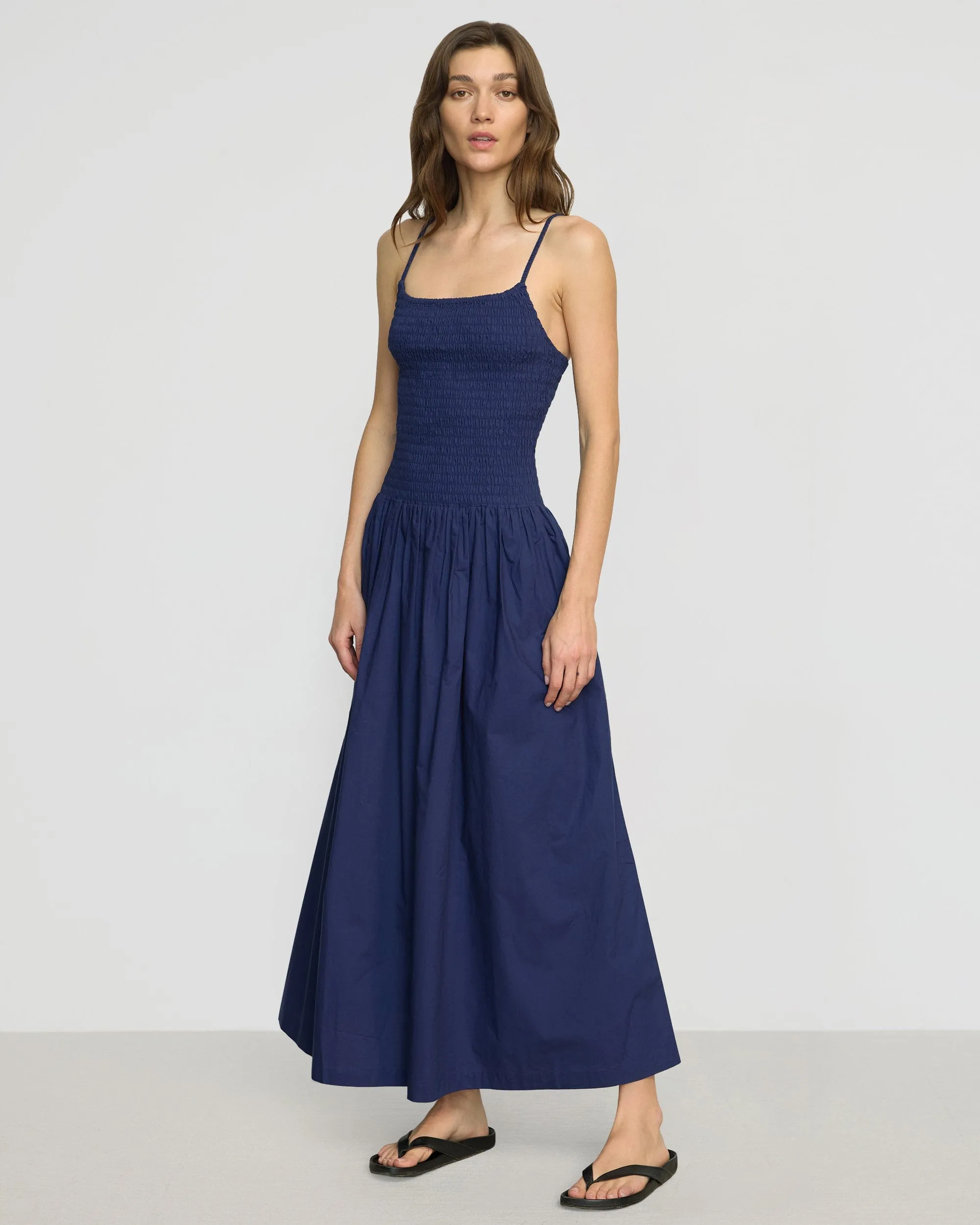 Venus Smocked Organic Cotton Midi Dress Low Maintenance RecycledPolyester
