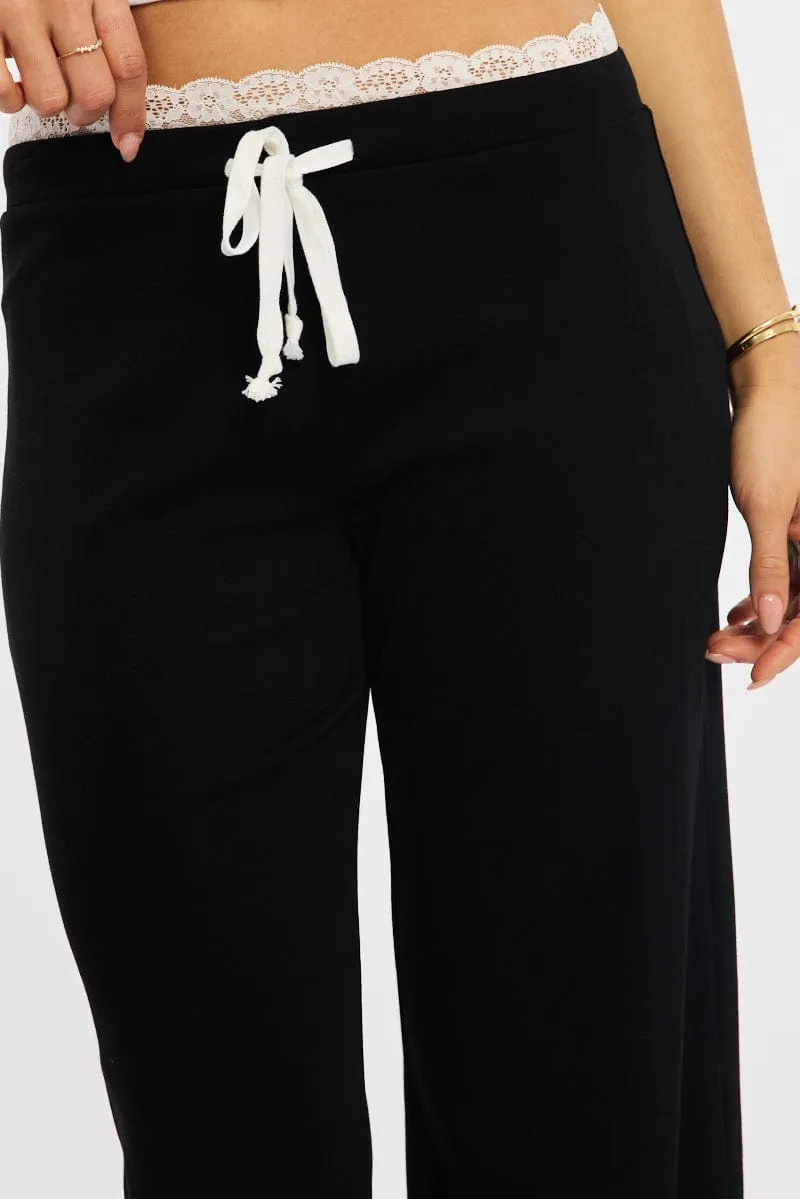 Chic Style Breathable Layer Black Wide Leg Pants Lace Trim