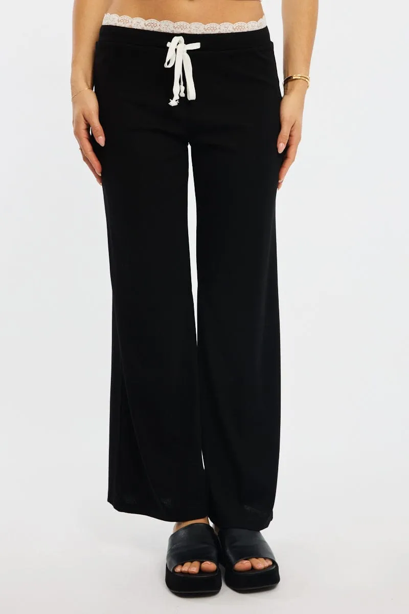 Layered Look Black Wide Leg Pants Lace Trim