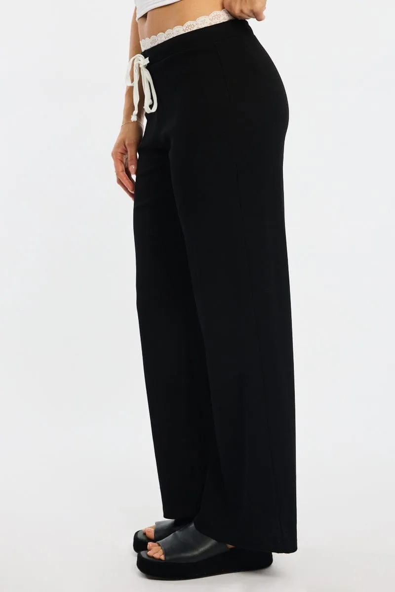 Minimal Edge Comfortable Movement Black Wide Leg Pants Lace Trim