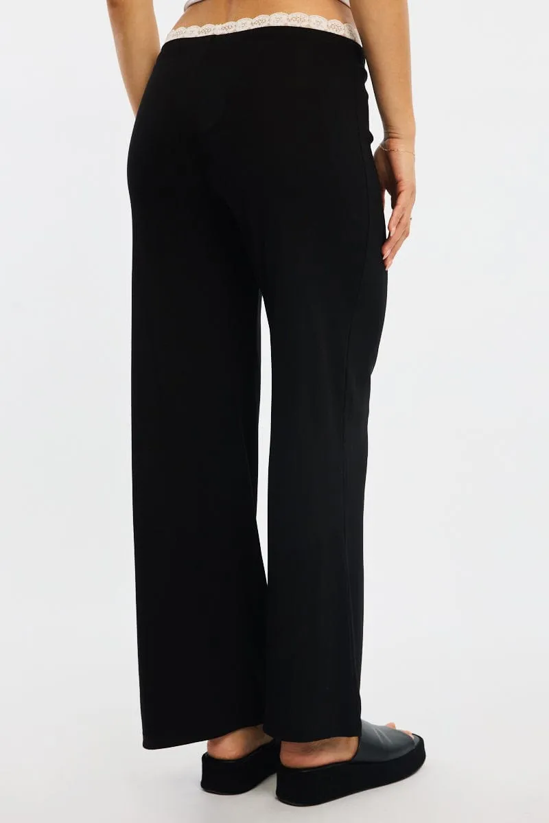 Black Wide Leg Pants Lace Trim Breathable Design Layered Look