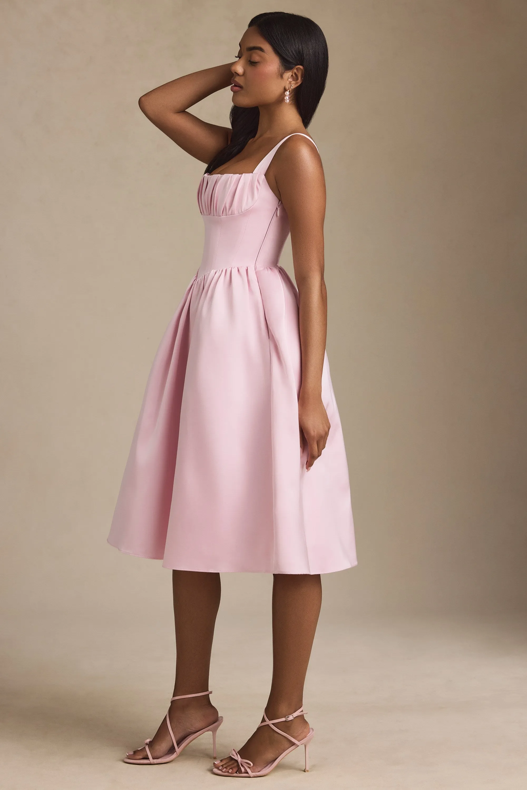 Hygienic Finish AntiStatic Material Draped Corset Midaxi Dress in Blush