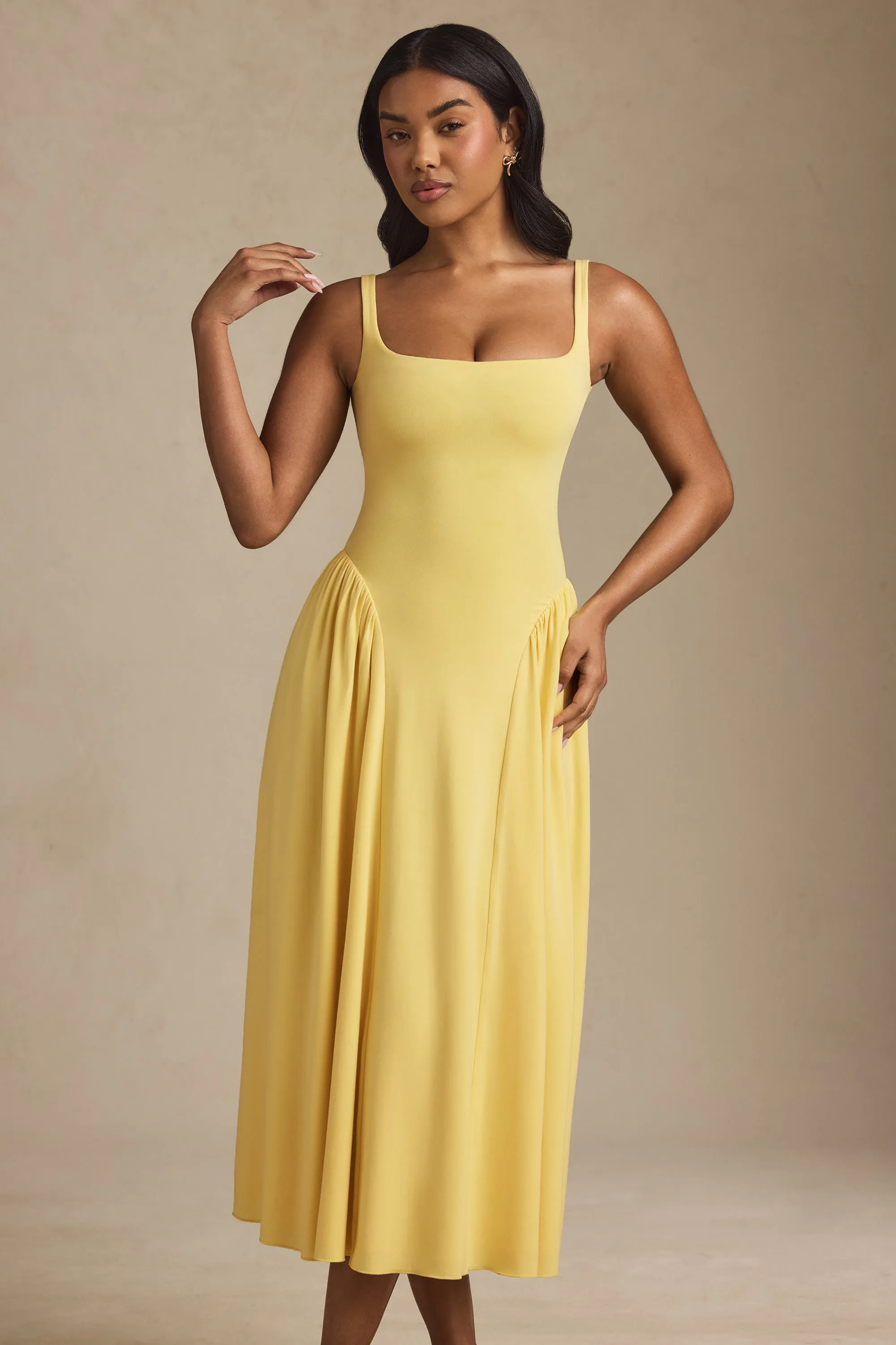 Modal A-Line Midaxi Dress in Pastel Yellow Classic Wear Stage Feel
