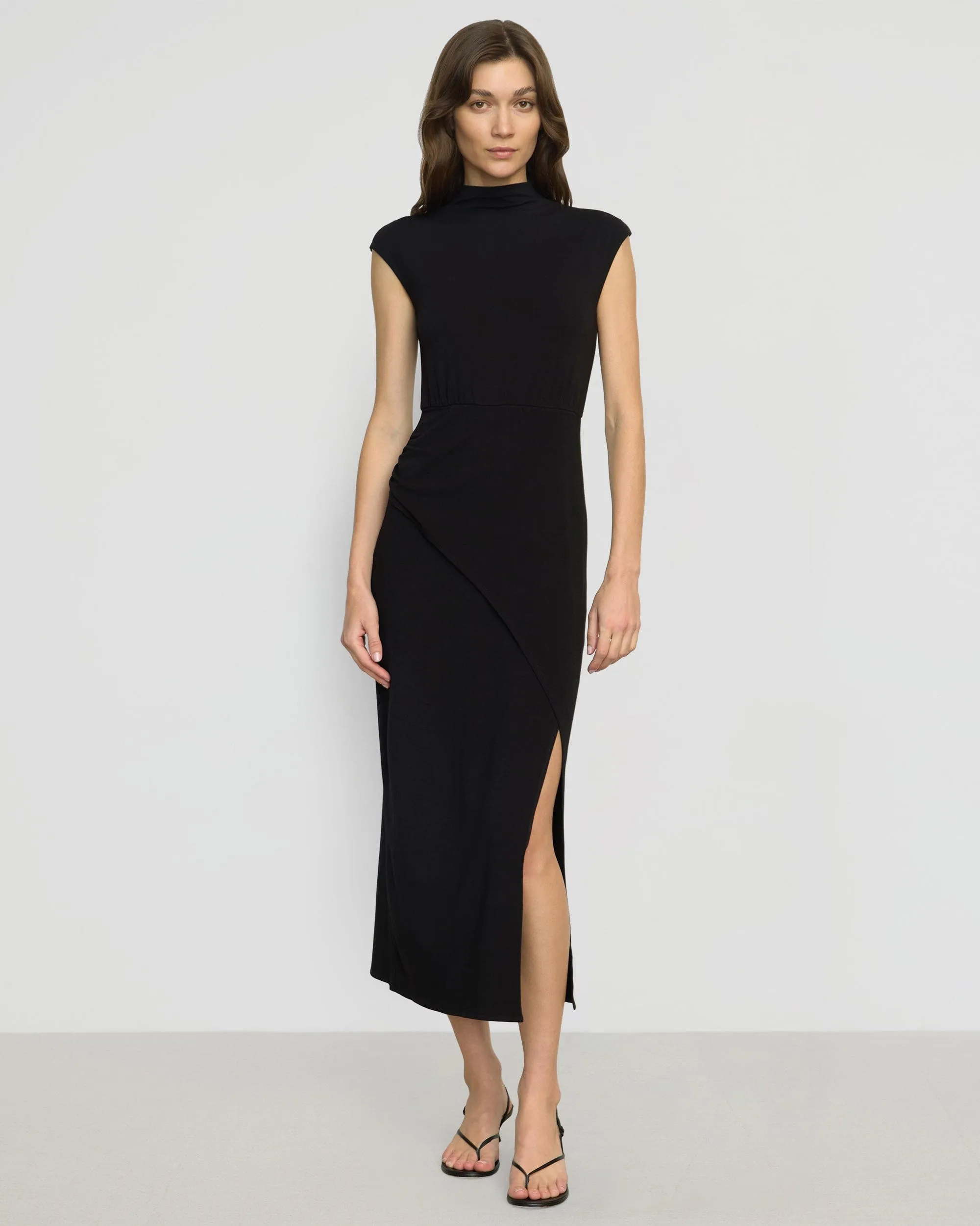 Yimei Mock-Neck Side-Slit Dress StainReleaseCoating Formal Attire