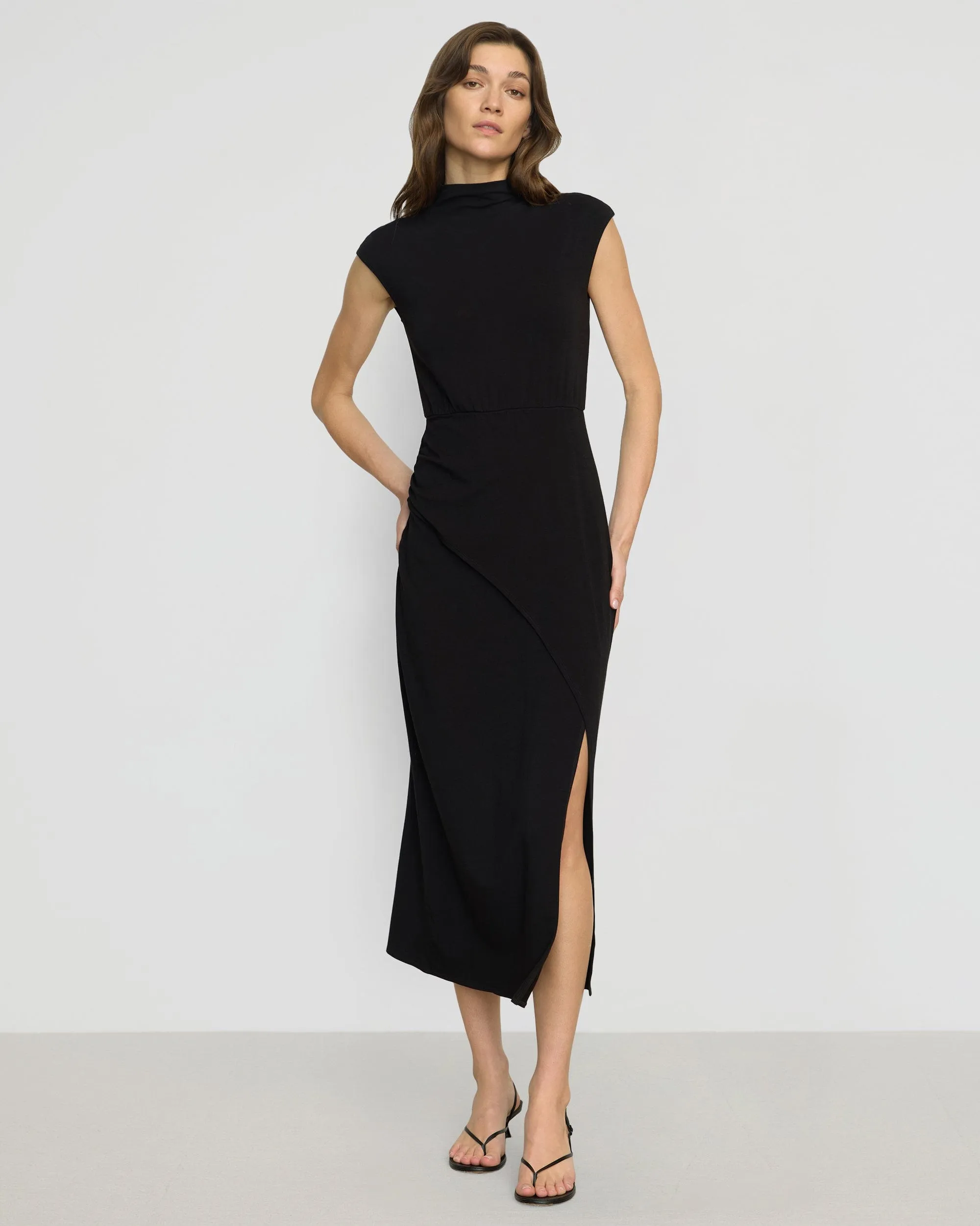 Yimei Mock-Neck Side-Slit Dress FadeResistant Dye elastic waistband