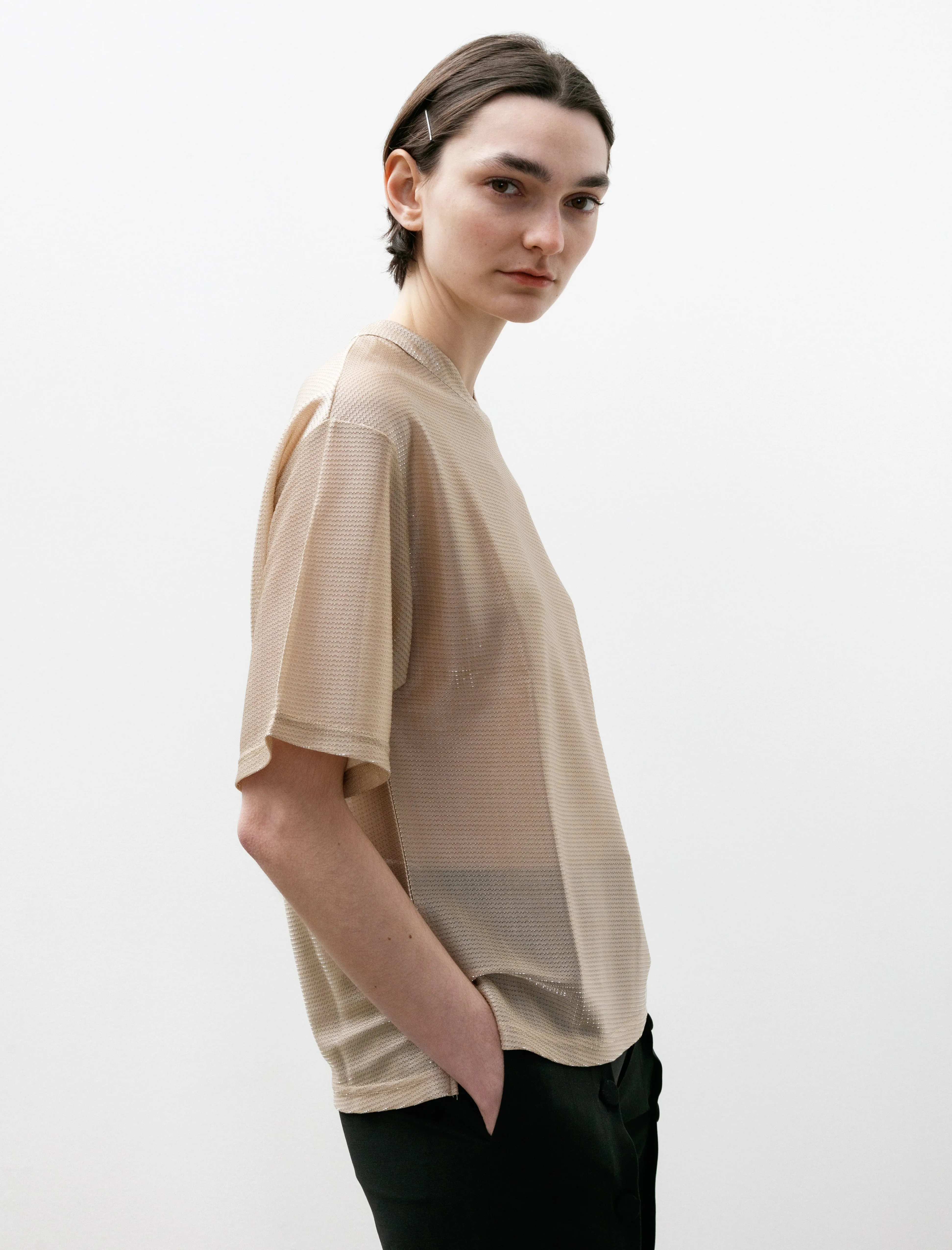 Recycled Polyester Blend Glitter Jersey T-Shirt Beige