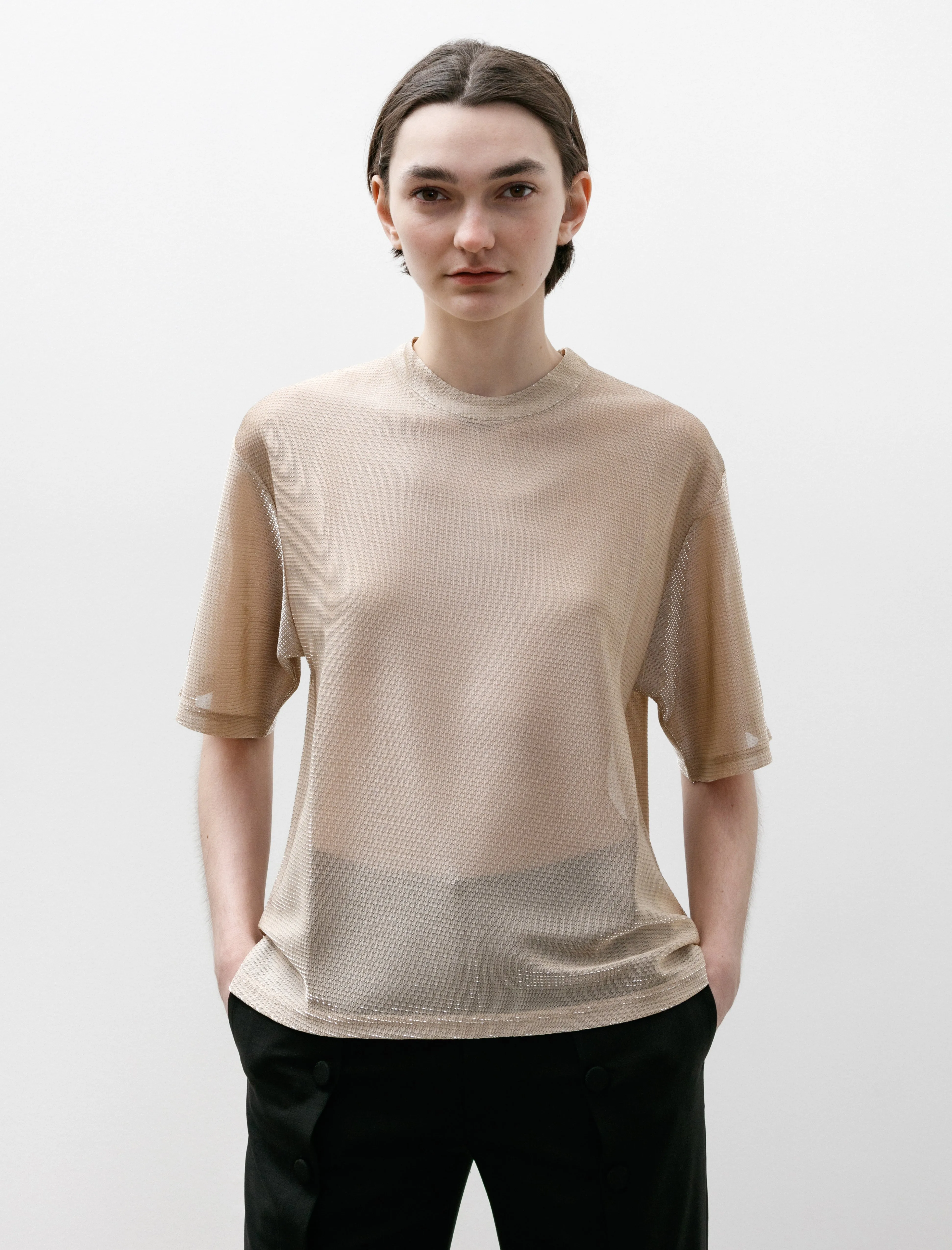 Glitter Jersey T-Shirt Beige Adjustable drawstring Versatile Clothing