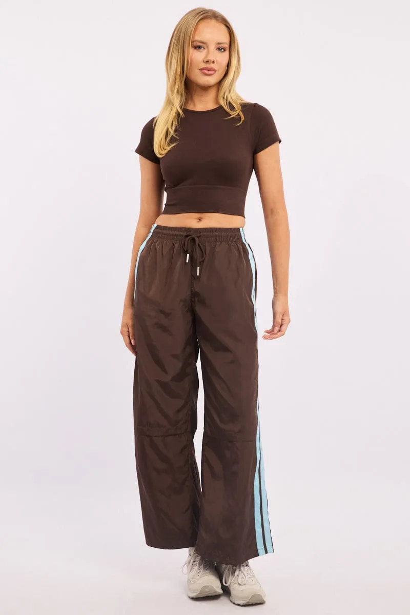 RipstopFabric Flexible Durability Brown Track Pants Side Stripe