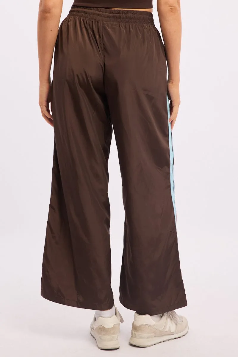 Quick Access Zippers Casual Design Brown Track Pants Side Stripe