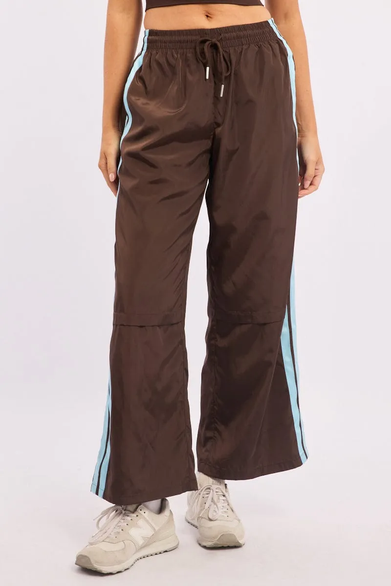 Abrasion Resistant Material Brown Track Pants Side Stripe