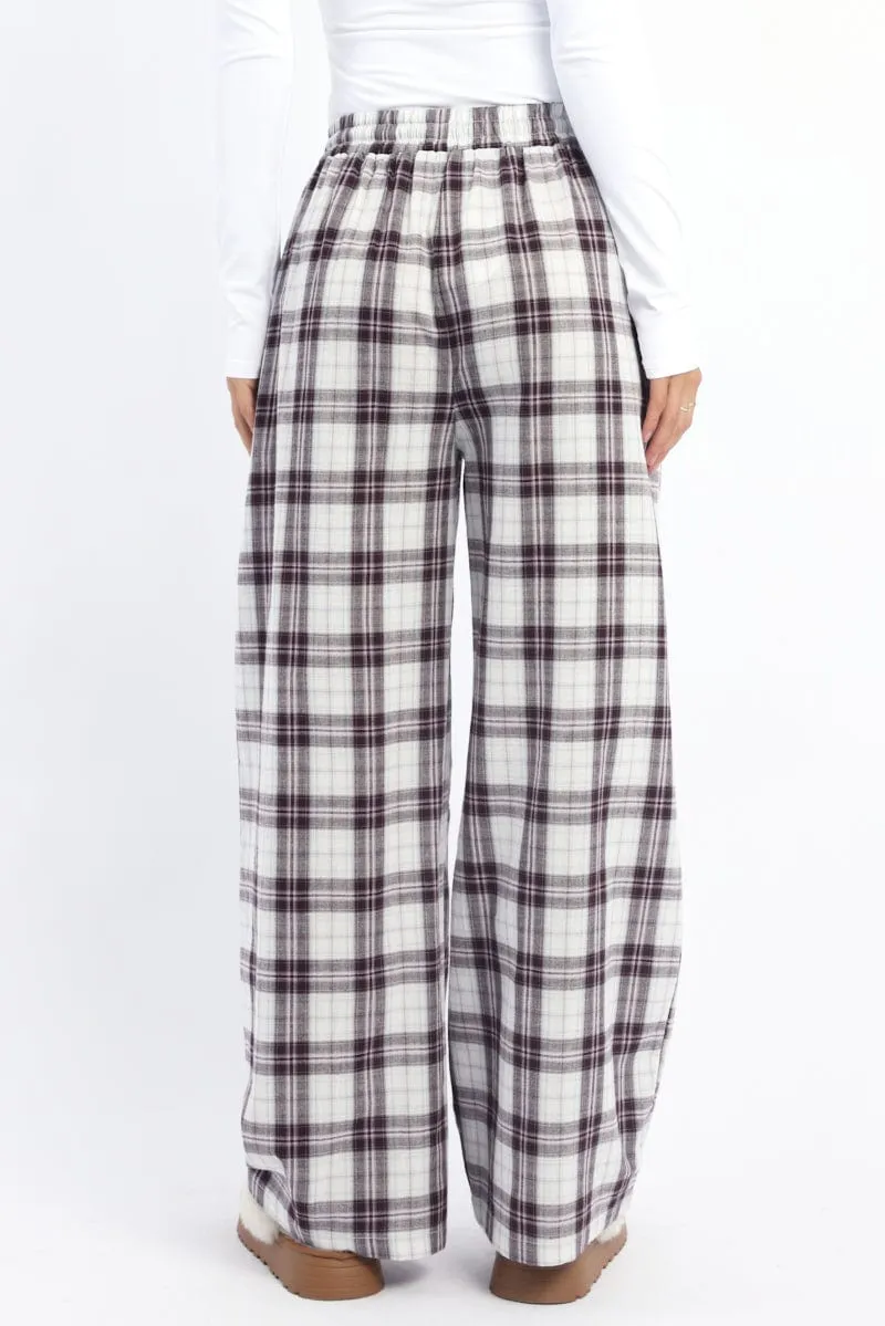 Multi Check Wide Leg Pants Elasticated Waist Cozy Design