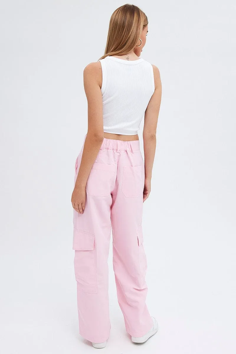 Functional Comfort Pink Cargo Pants Mid-Rise Wide Leg Parachute