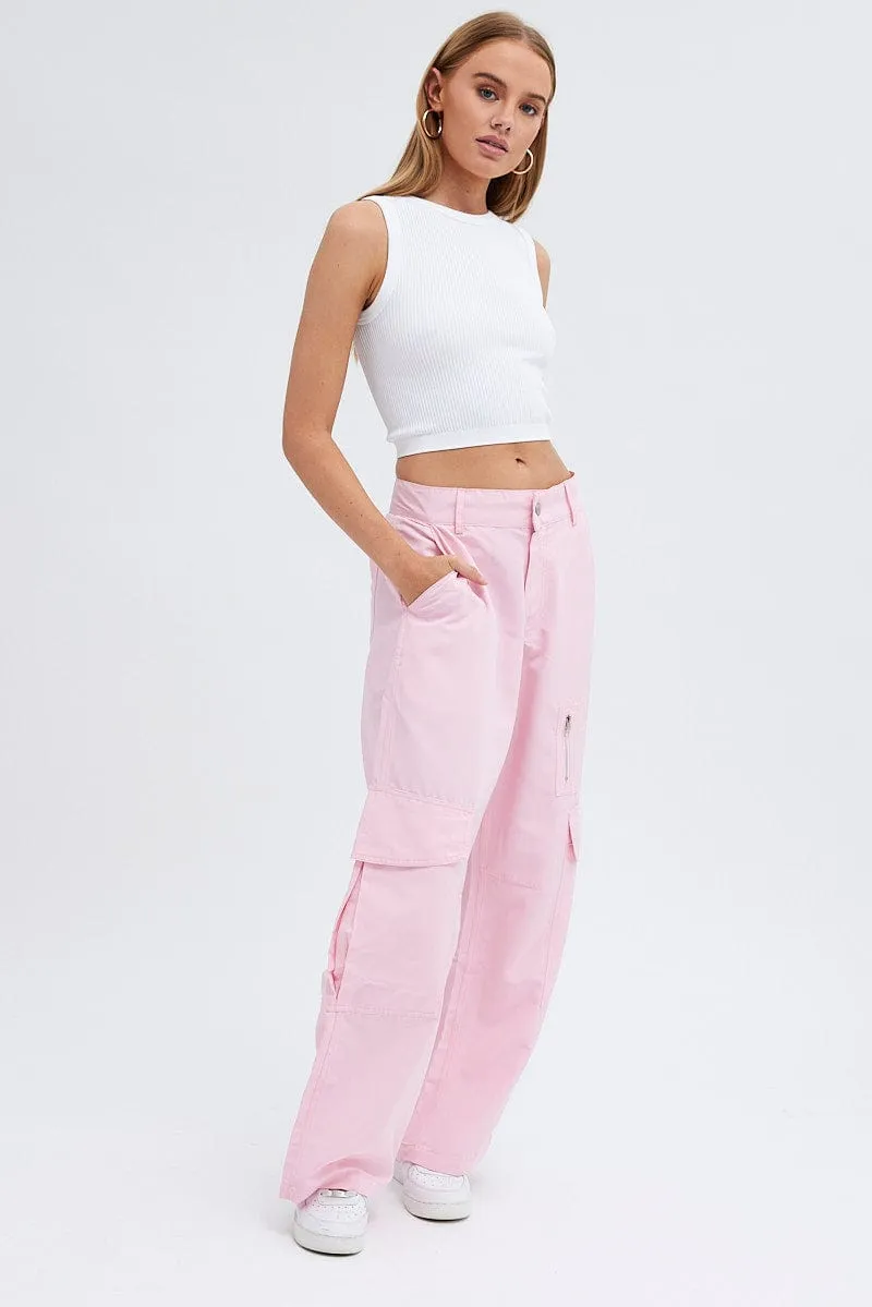 Pink Cargo Pants Mid-Rise Wide Leg Parachute Flattering Fit