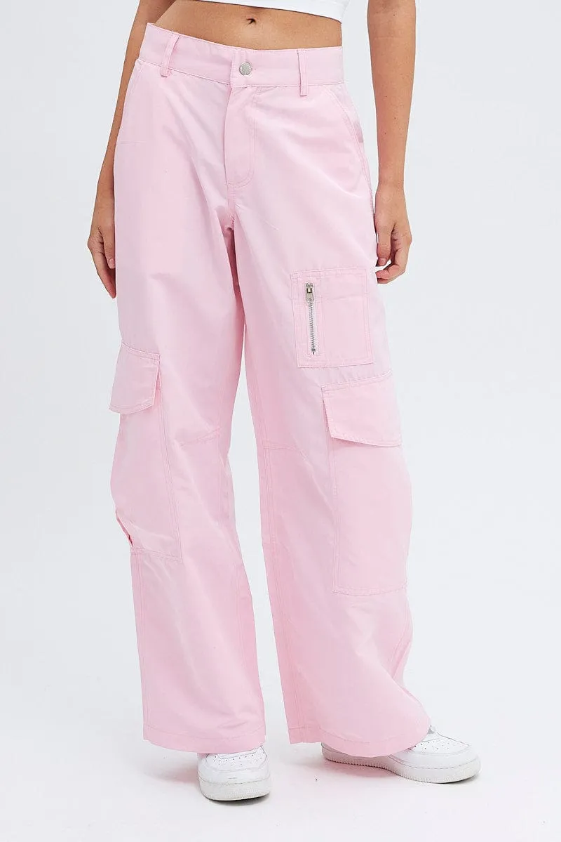 Relaxed Comfort Fit Pink Cargo Pants Mid-Rise Wide Leg Parachute
