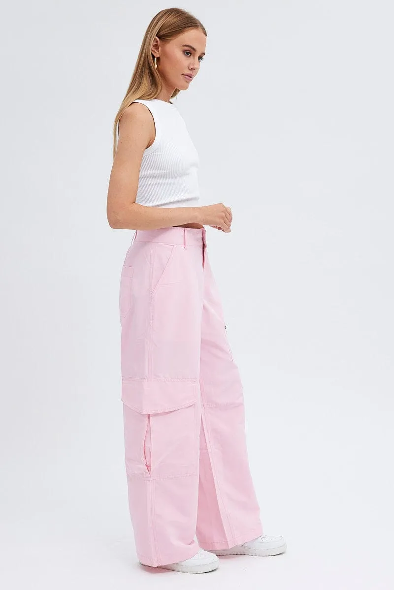 Pink Cargo Pants Mid-Rise Wide Leg Parachute Versatile Fashion