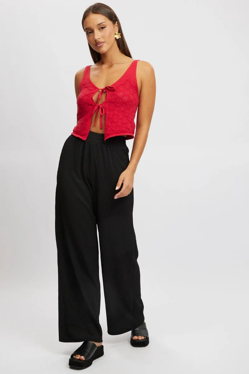 Black Wide Leg Pants High Rise Textured Fabric Stretch Fabric Functional Fit