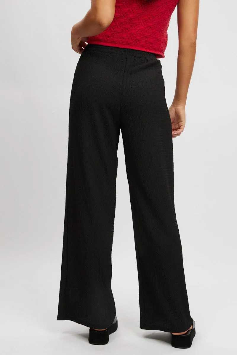 High Durability Thread Outdoor Layer Black Wide Leg Pants High Rise Textured Fabric
