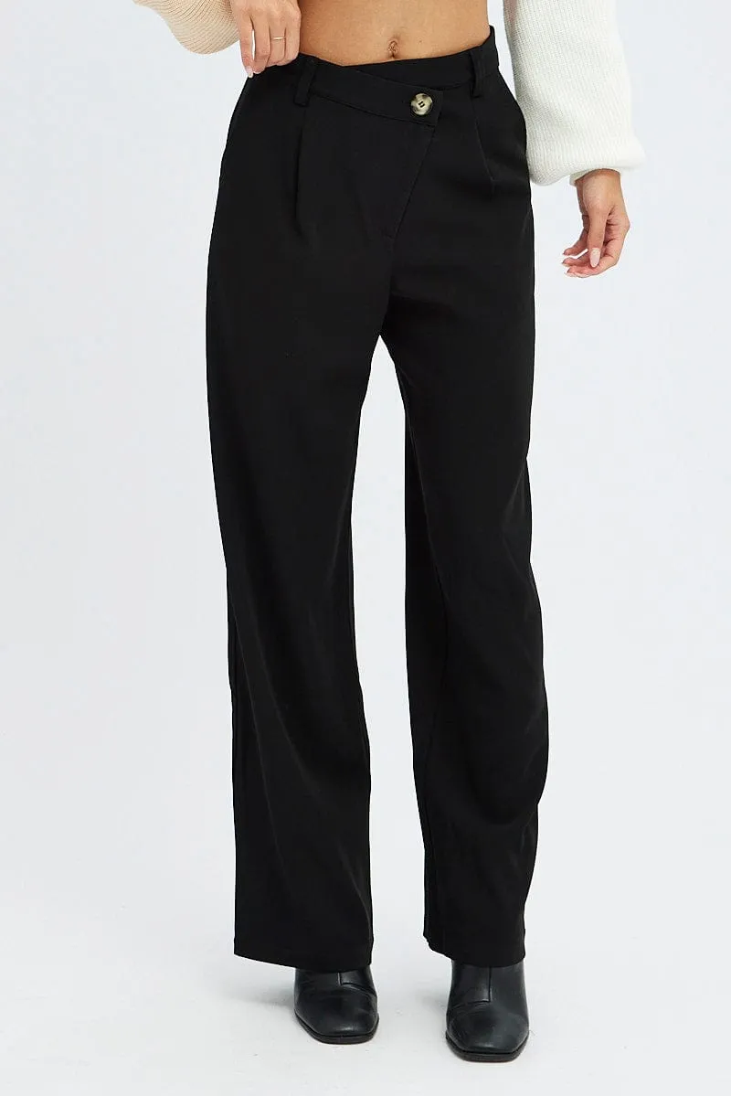 Black Wide Leg Pants Low Rise Cross over Waistband Reflective Trim