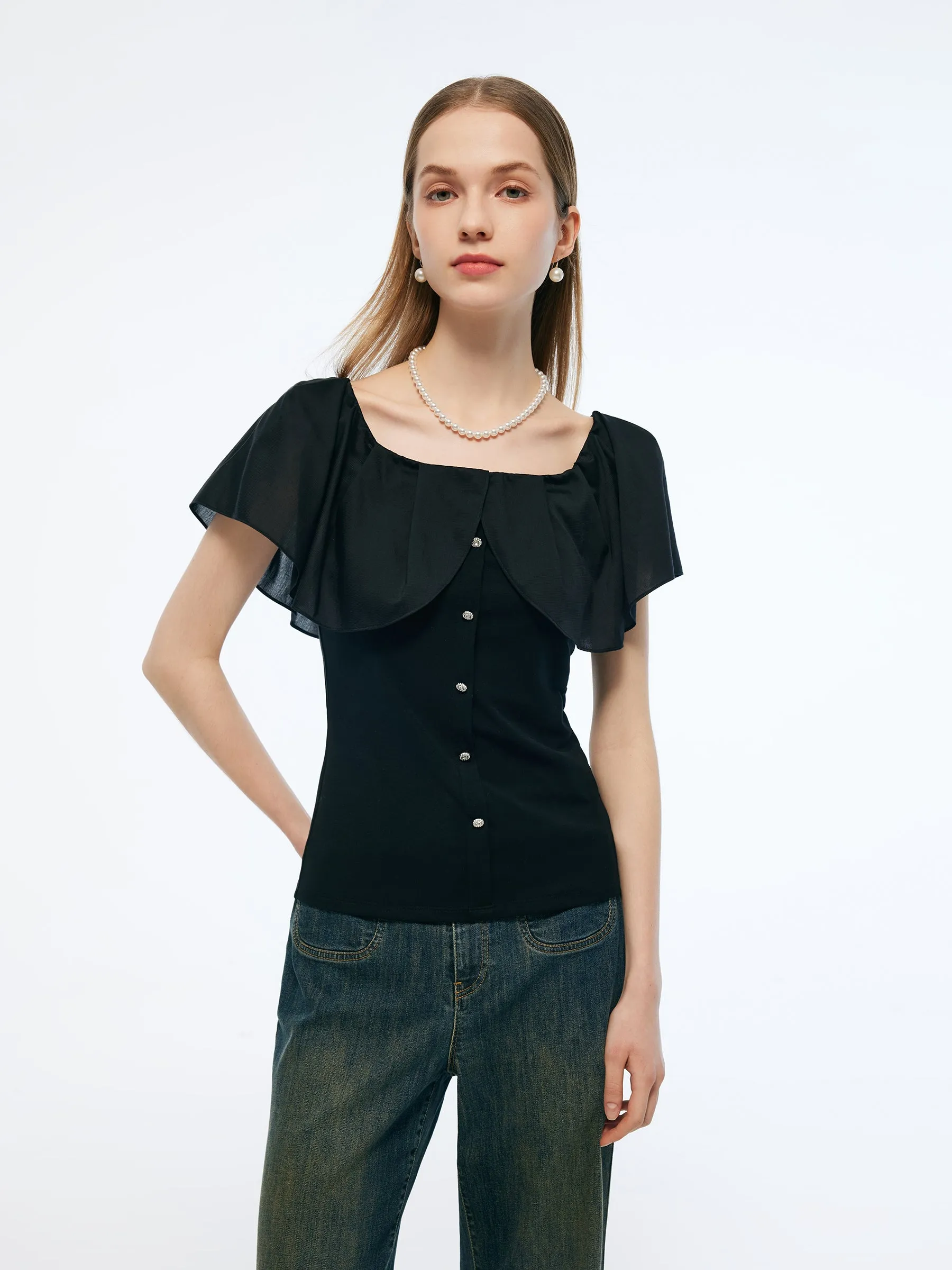 Tencel Blend Convertible Neckline Women Ruffled Top Casual Day Wear Taped Neckline