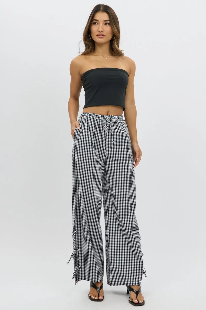 Black Check Wide Leg Pants Side Ribbon Roll-up style