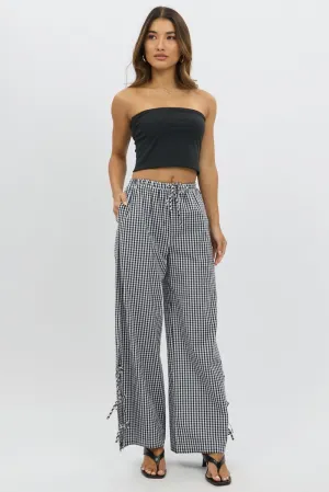 Black Check Wide Leg Pants Side Ribbon Roll-up style