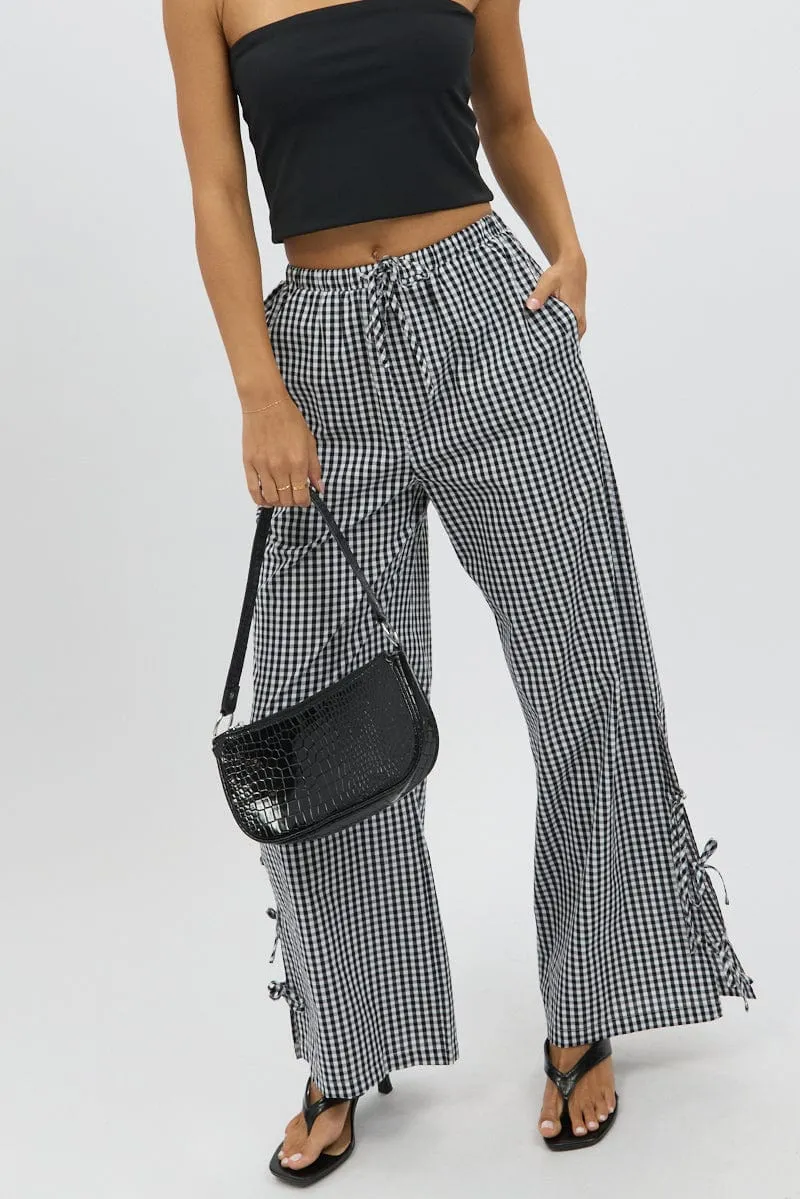 Black Check Wide Leg Pants Side Ribbon Chic casual