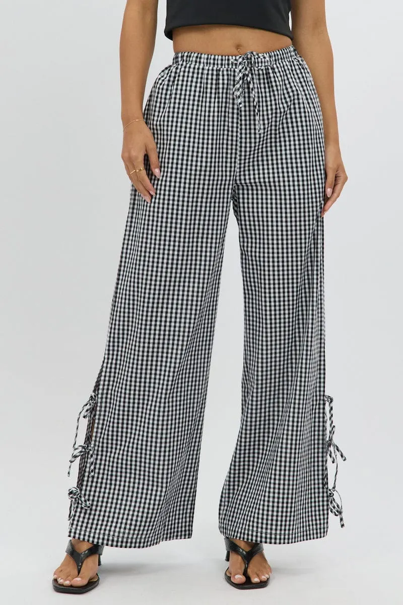 Comfortable Movement Classic Look Black Check Wide Leg Pants Side Ribbon