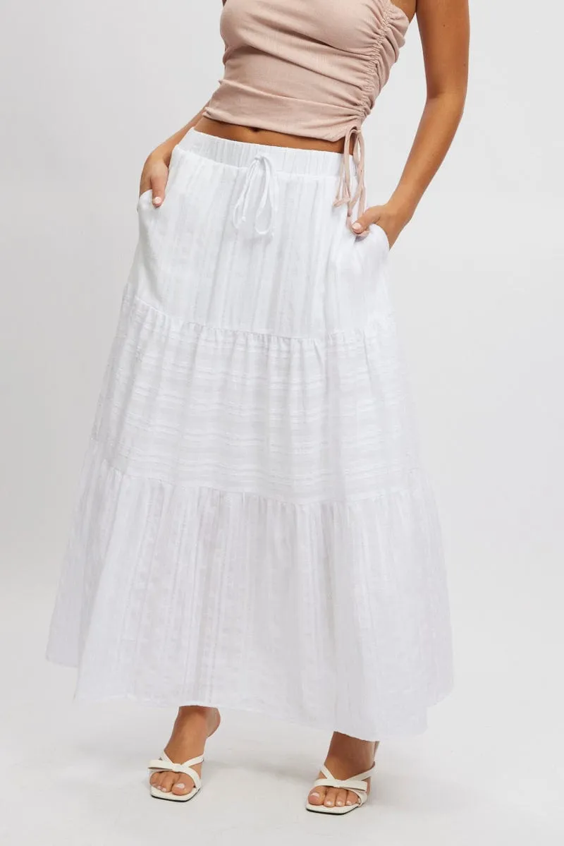 Sturdy Waistband Streetwear Look White Tiered Maxi Skirt High Rise Elastic Waist Lined