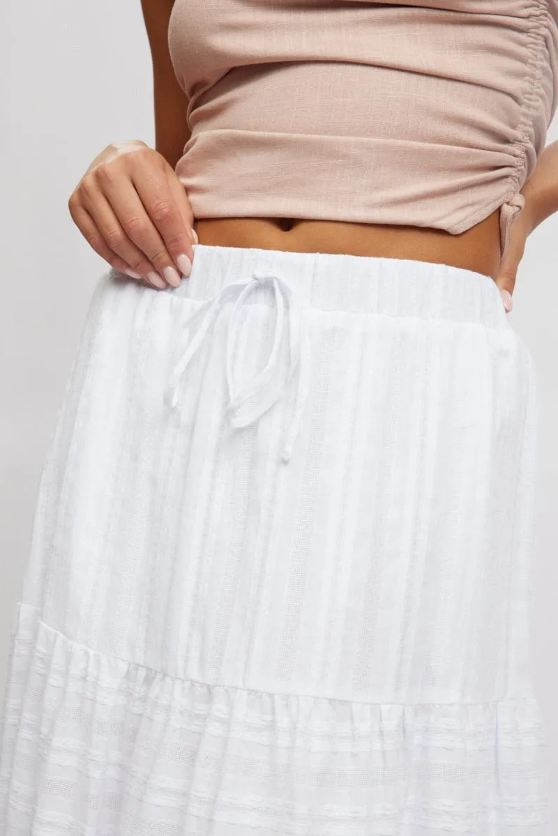 White Tiered Maxi Skirt High Rise Elastic Waist Lined Simple Motion