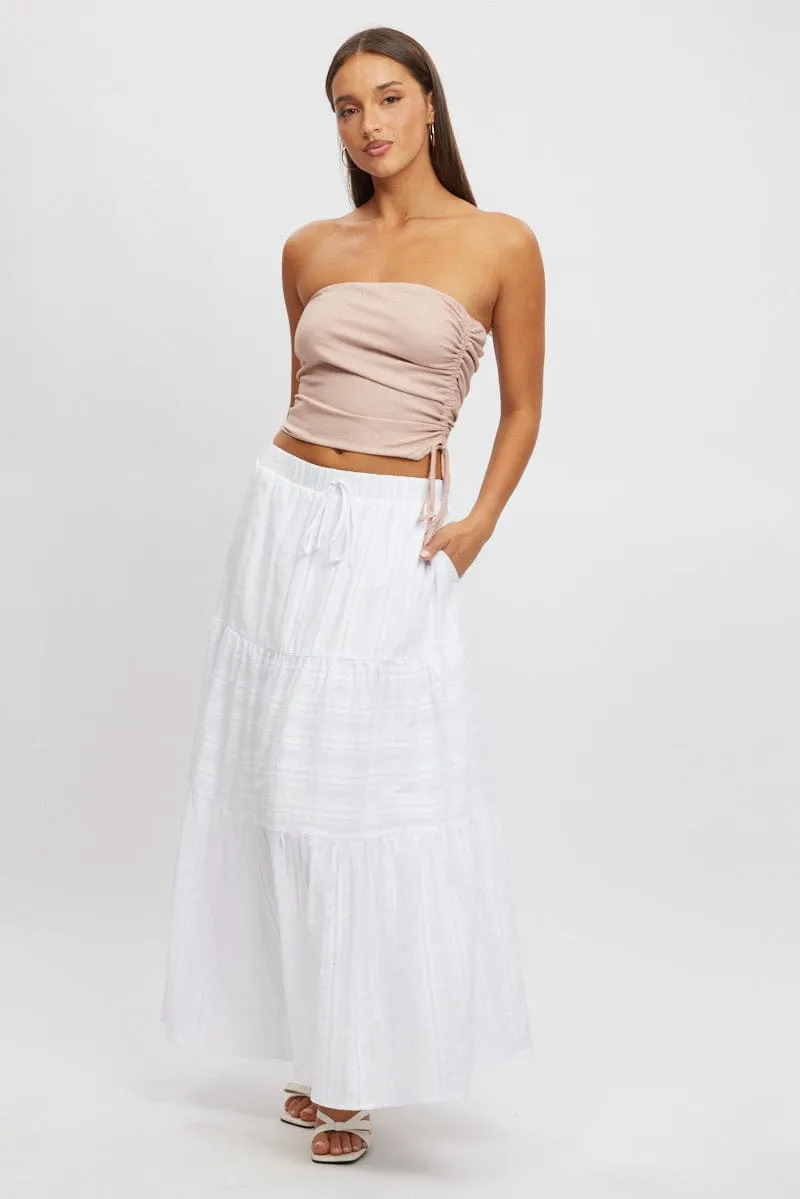 muted tone White Tiered Maxi Skirt High Rise Elastic Waist Lined