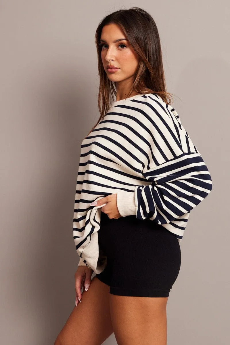 Beige Stripe Sweater Long Sleeve Sporty Comfort
