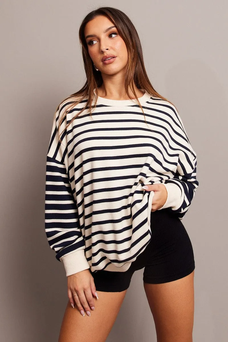 Beige Stripe Sweater Long Sleeve V-Neck