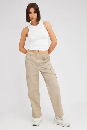 Flat Lock Stitching Beige Cargo Pants Mid Rise