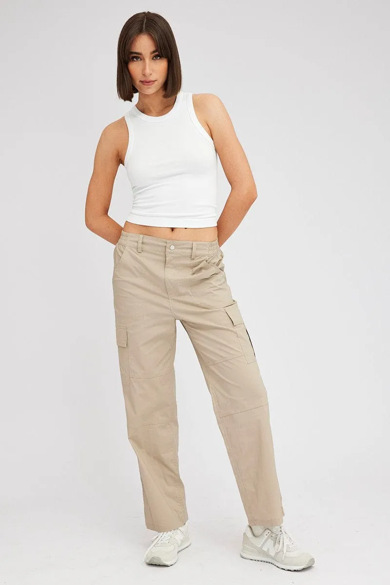 Flat Lock Stitching Beige Cargo Pants Mid Rise