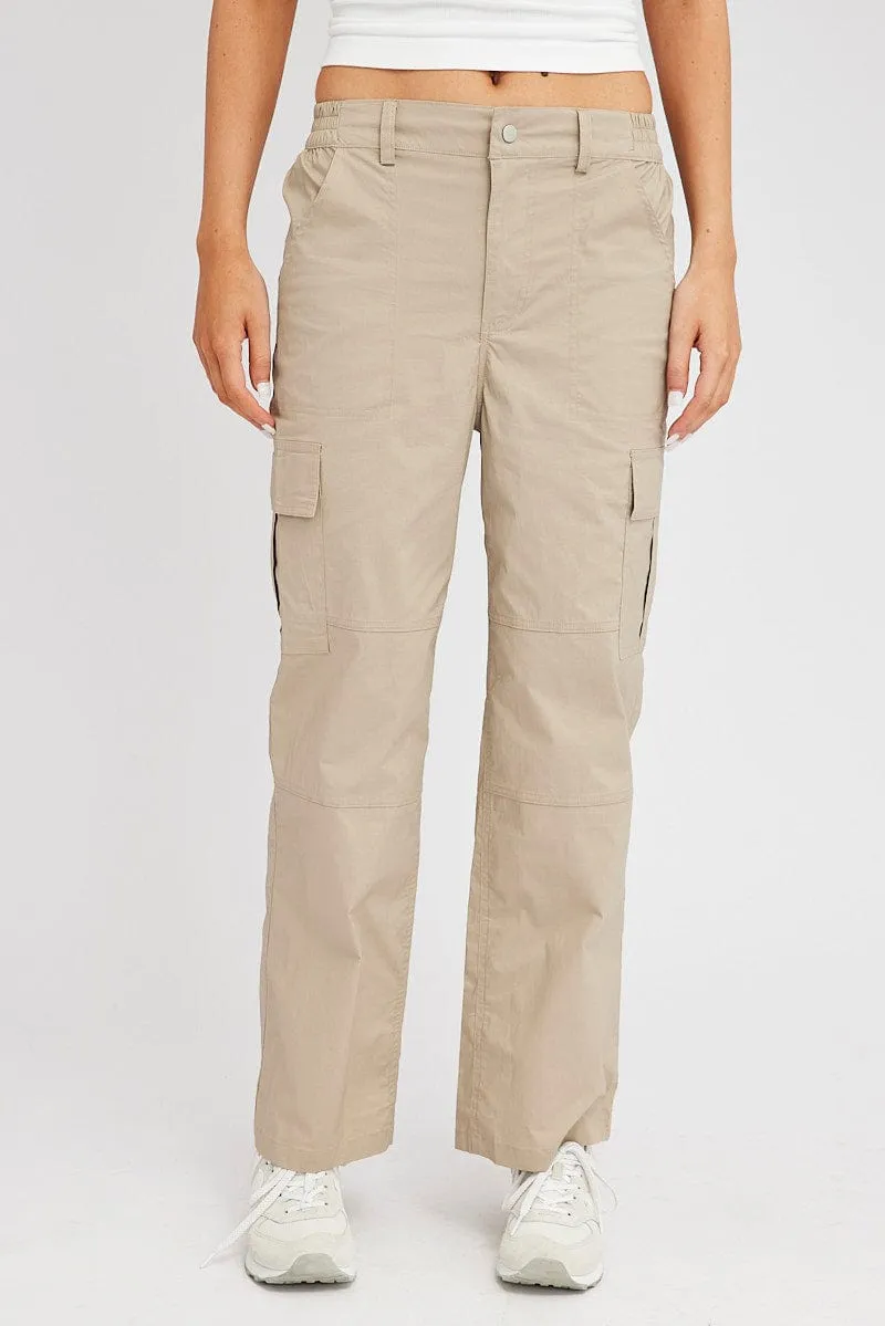 Comfort and style High Rise Design Beige Cargo Pants Mid Rise
