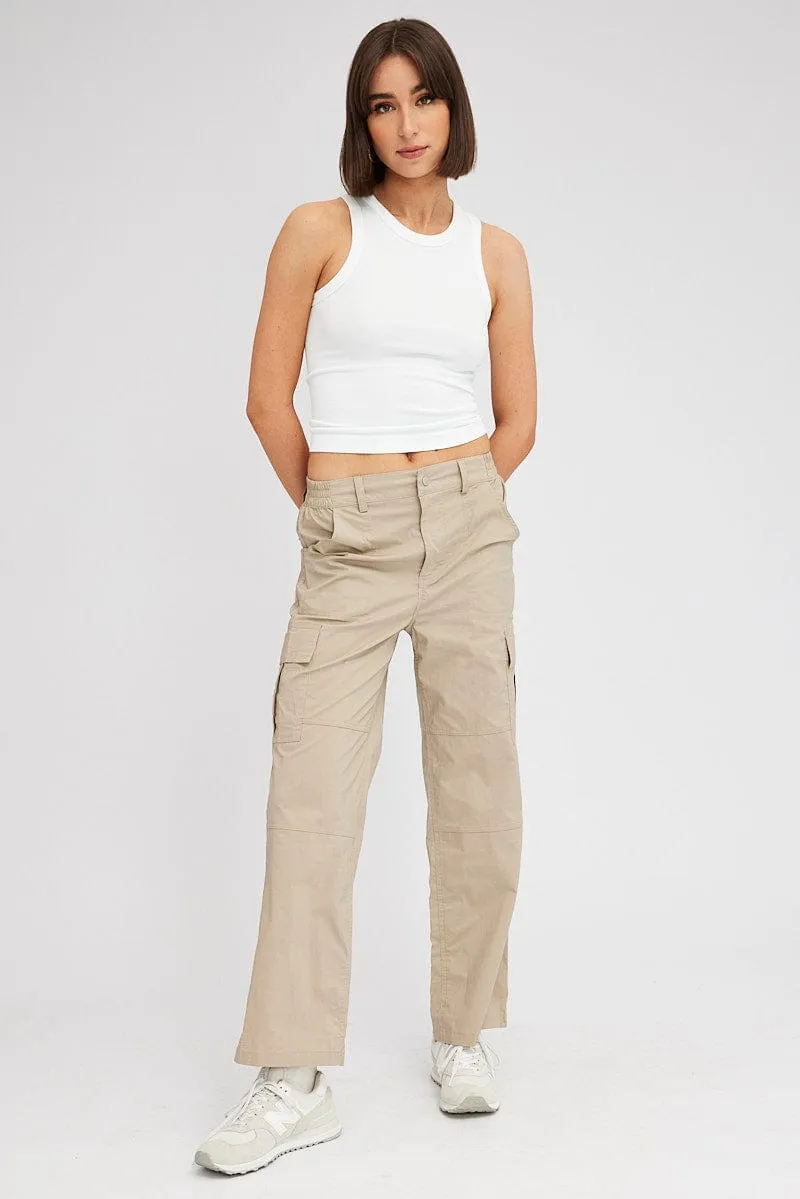 Beige Cargo Pants Mid Rise Anti Odor Technology Multi Panel Construction