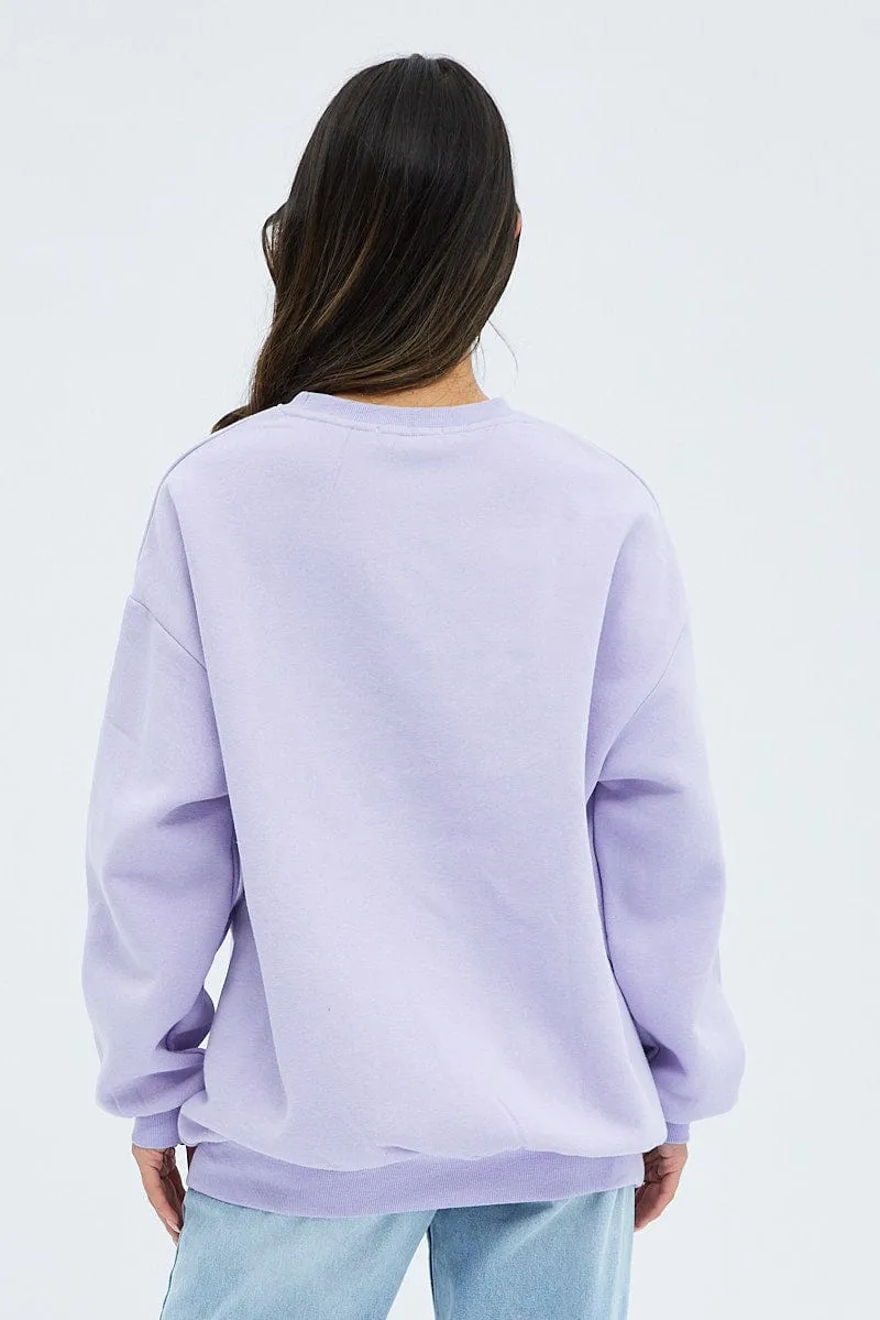 Purple Graphic Sweater Long Sleeve Cozy Streetwear Convenient