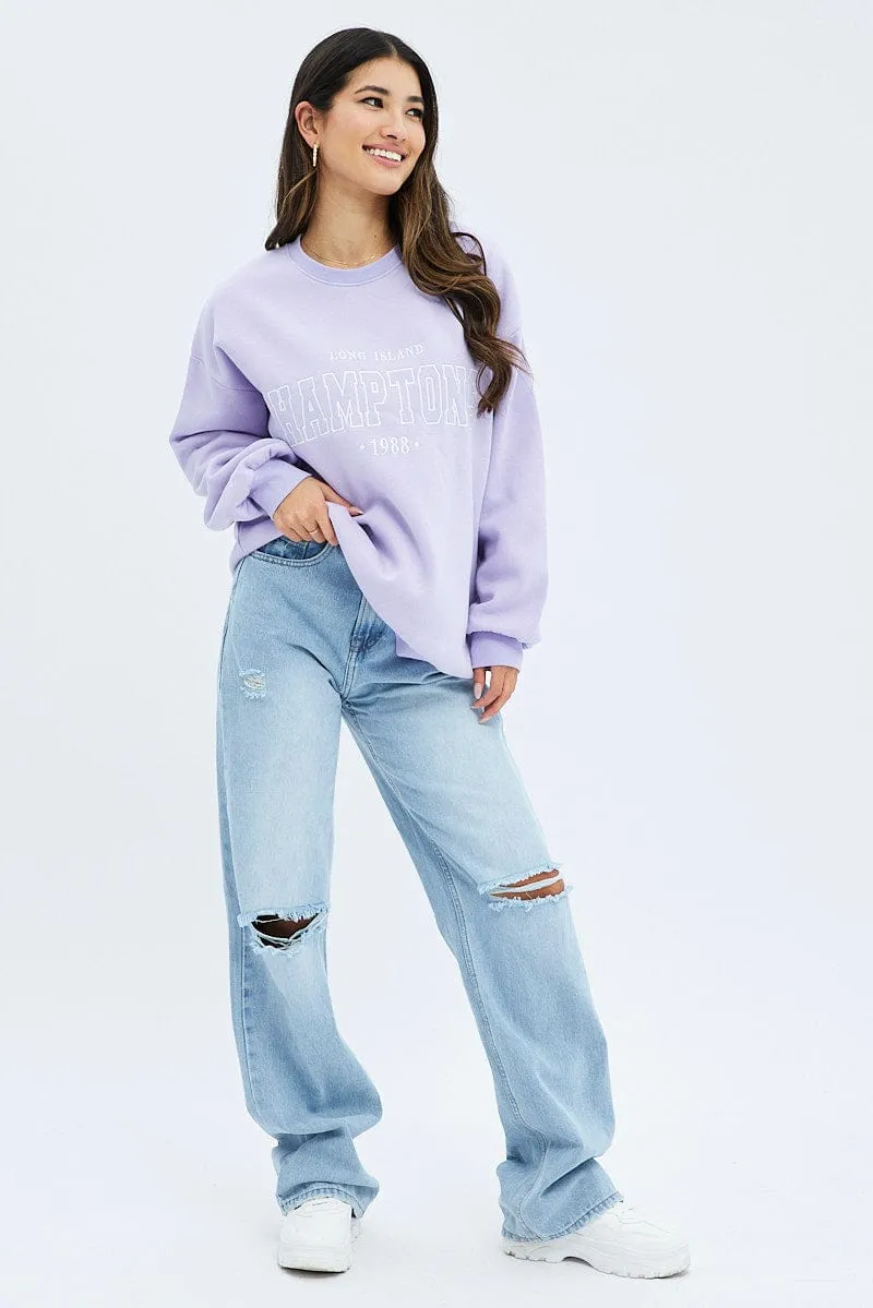 product sporty style statement sequin Purple Graphic Sweater Long Sleeve