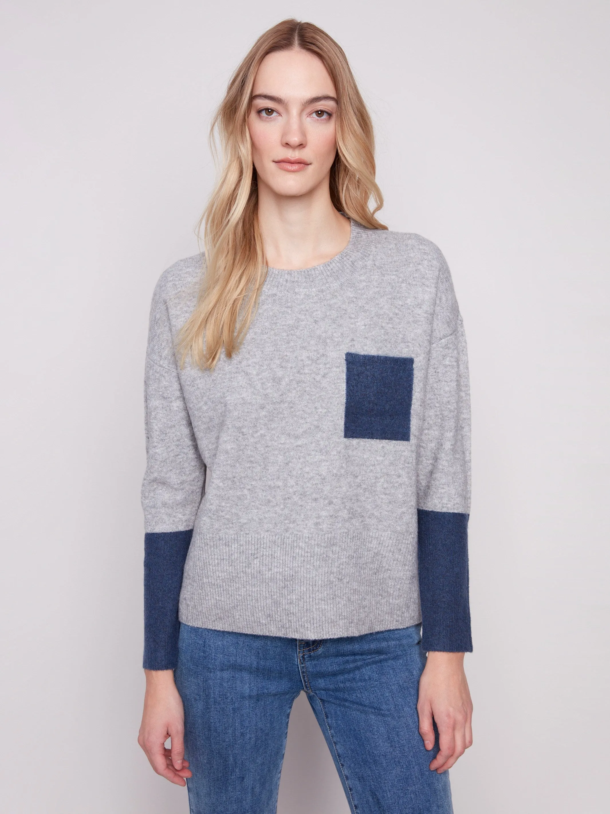 Fine Gauge Knit Loopback Fabric Crew Neck Sweater With Contrast Details - Heather Grey