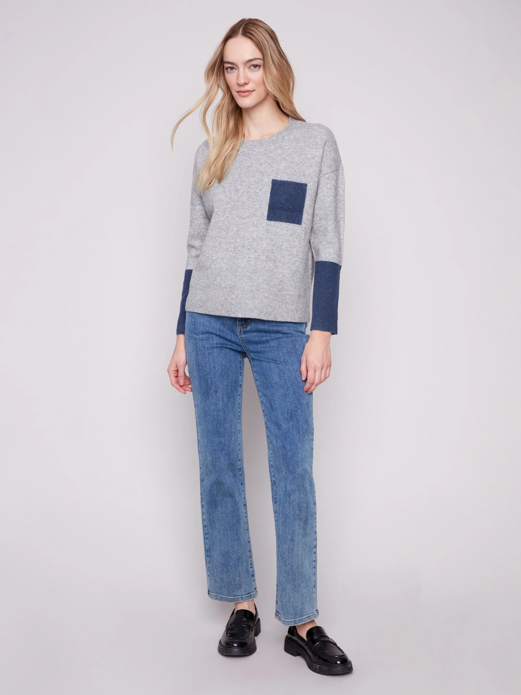Comfortable Layer Crew Neck Sweater With Contrast Details - Heather Grey