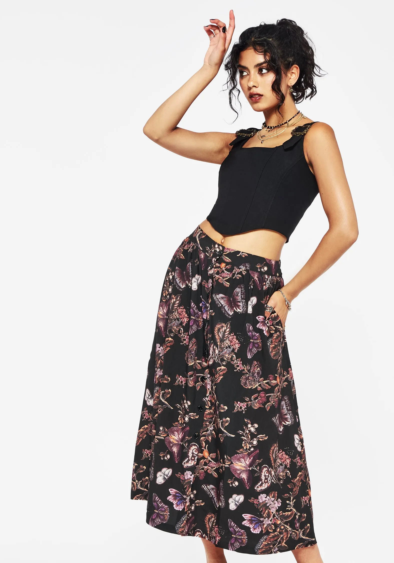 Eloise Floral Butterfly Print Button Up Midi Skirt Breezy Mood Visual Outfit