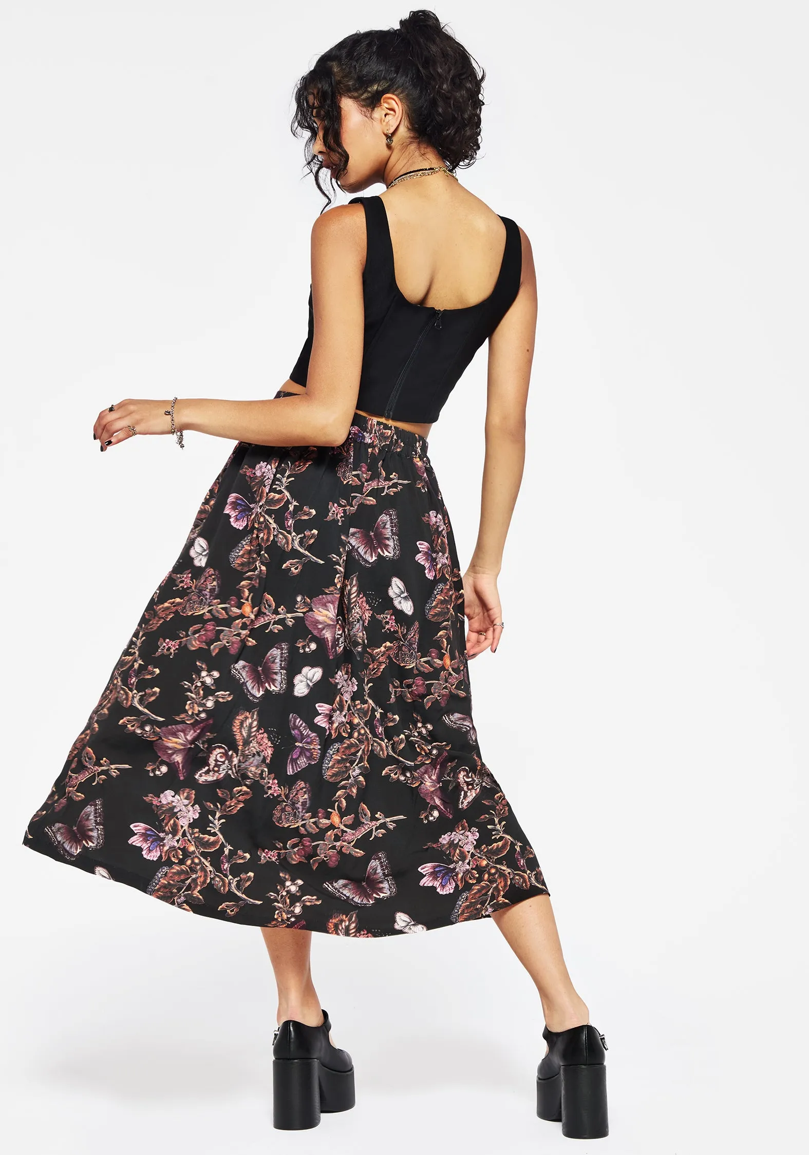 Eloise Floral Butterfly Print Button Up Midi Skirt Crochet Style Unique Feature