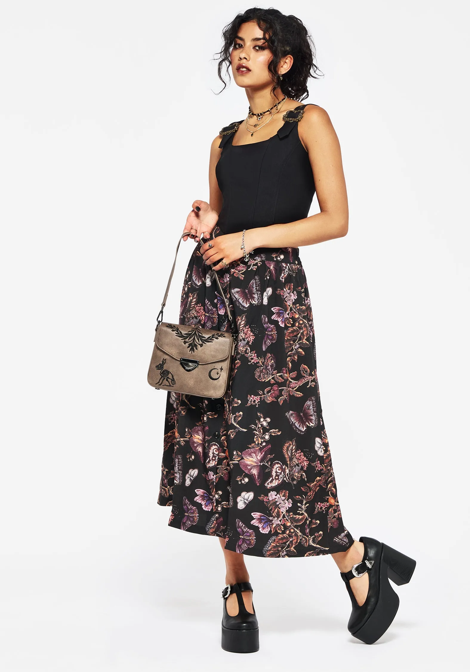 Eloise Floral Butterfly Print Button Up Midi Skirt Must Have Feature