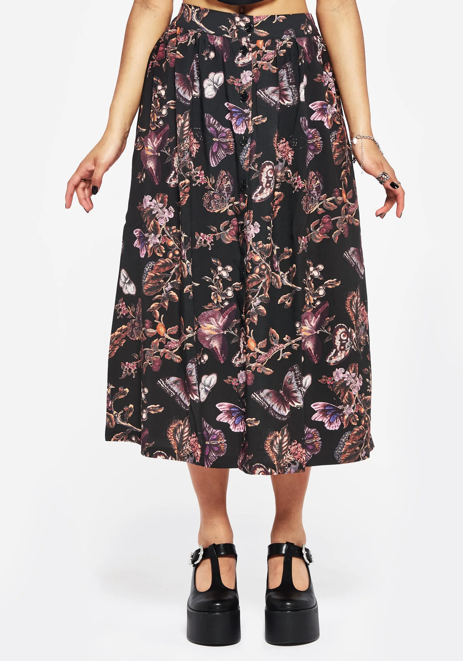 Eloise Floral Butterfly Print Button Up Midi Skirt Relaxed Vibe