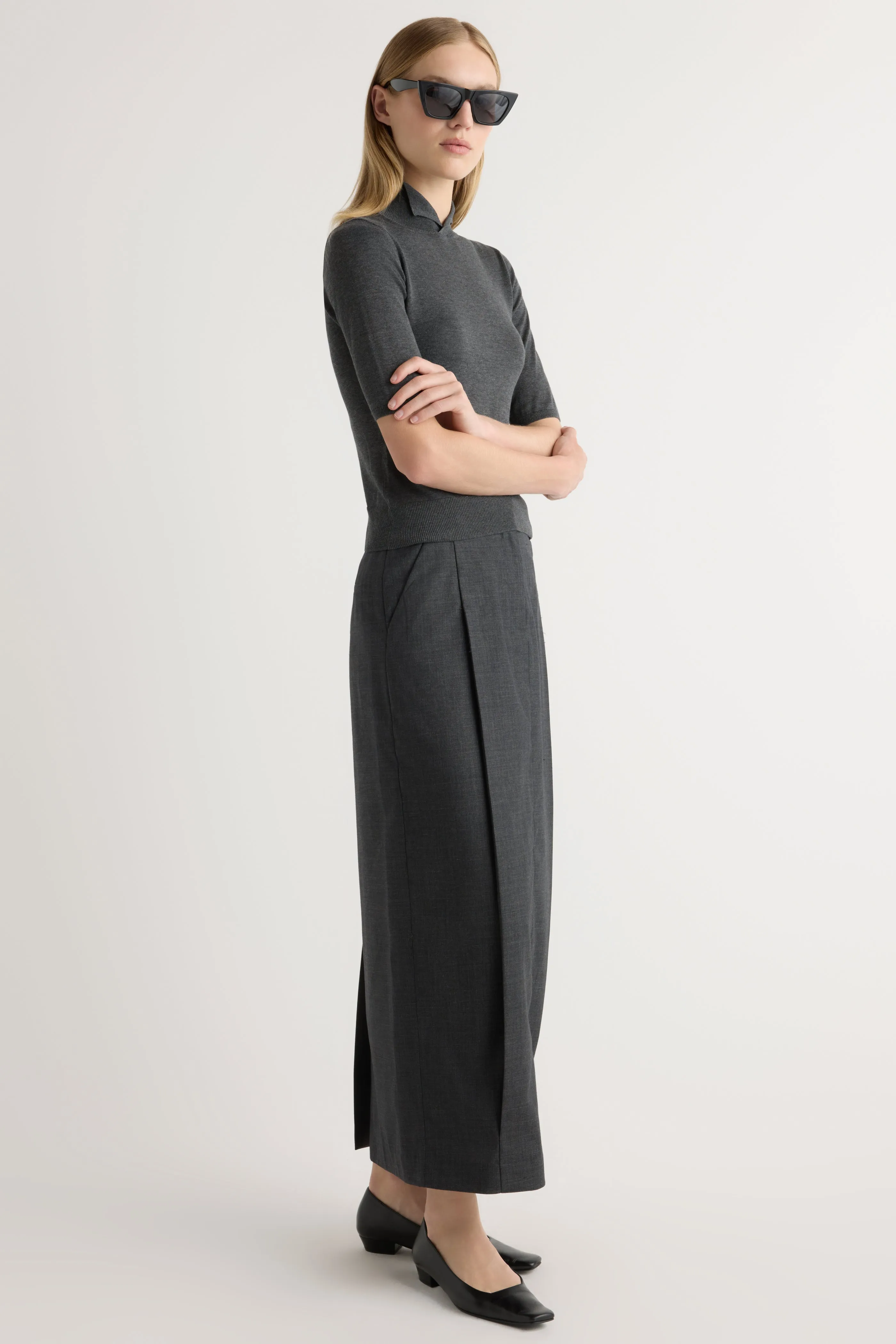 Frayed Finish Georgina Wool-Blend Suiting Skirt