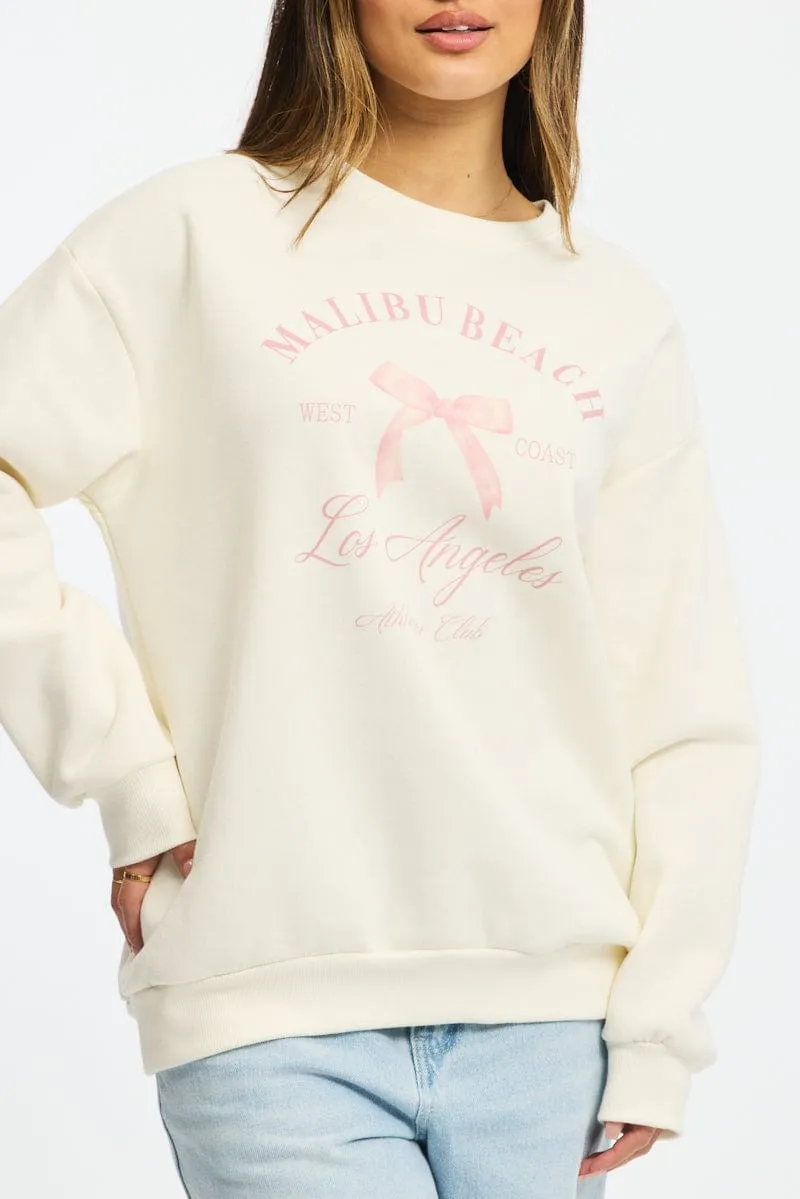 White Graphic Sweater Long Sleeve shrink-resistant Cozy Mood