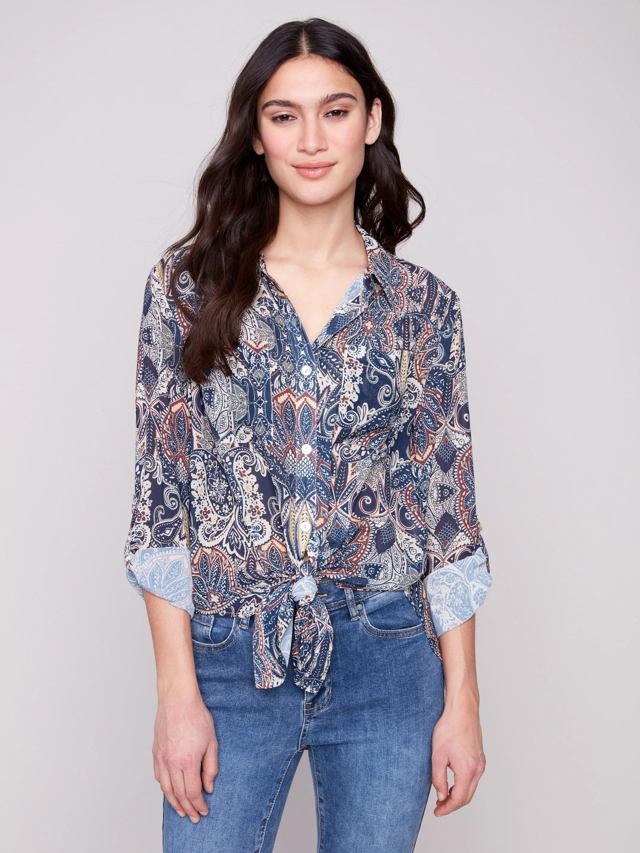 Push Edge Printed Button-Up Blouse - Jolly