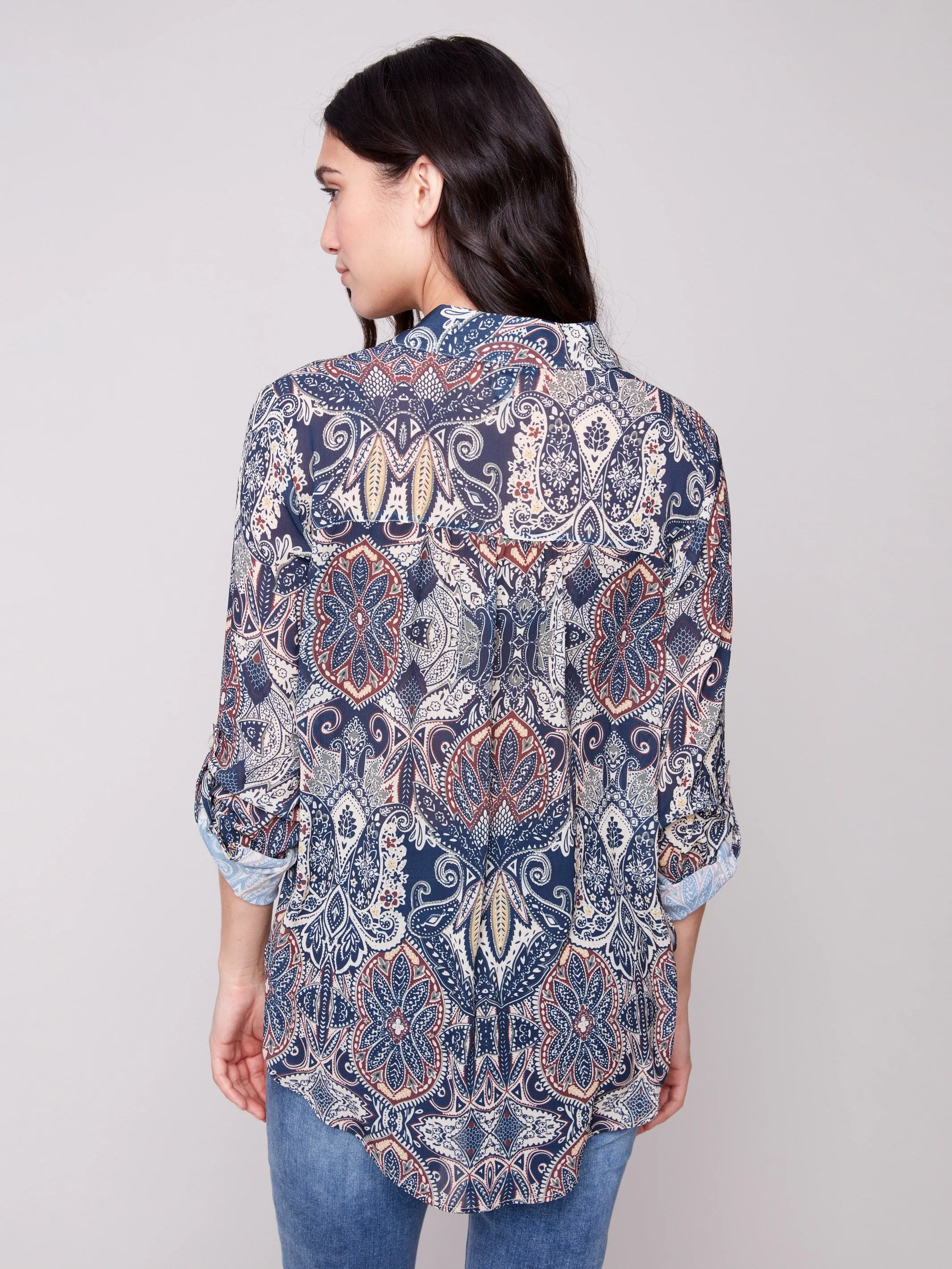 Convertible Style Printed Button-Up Blouse - Jolly