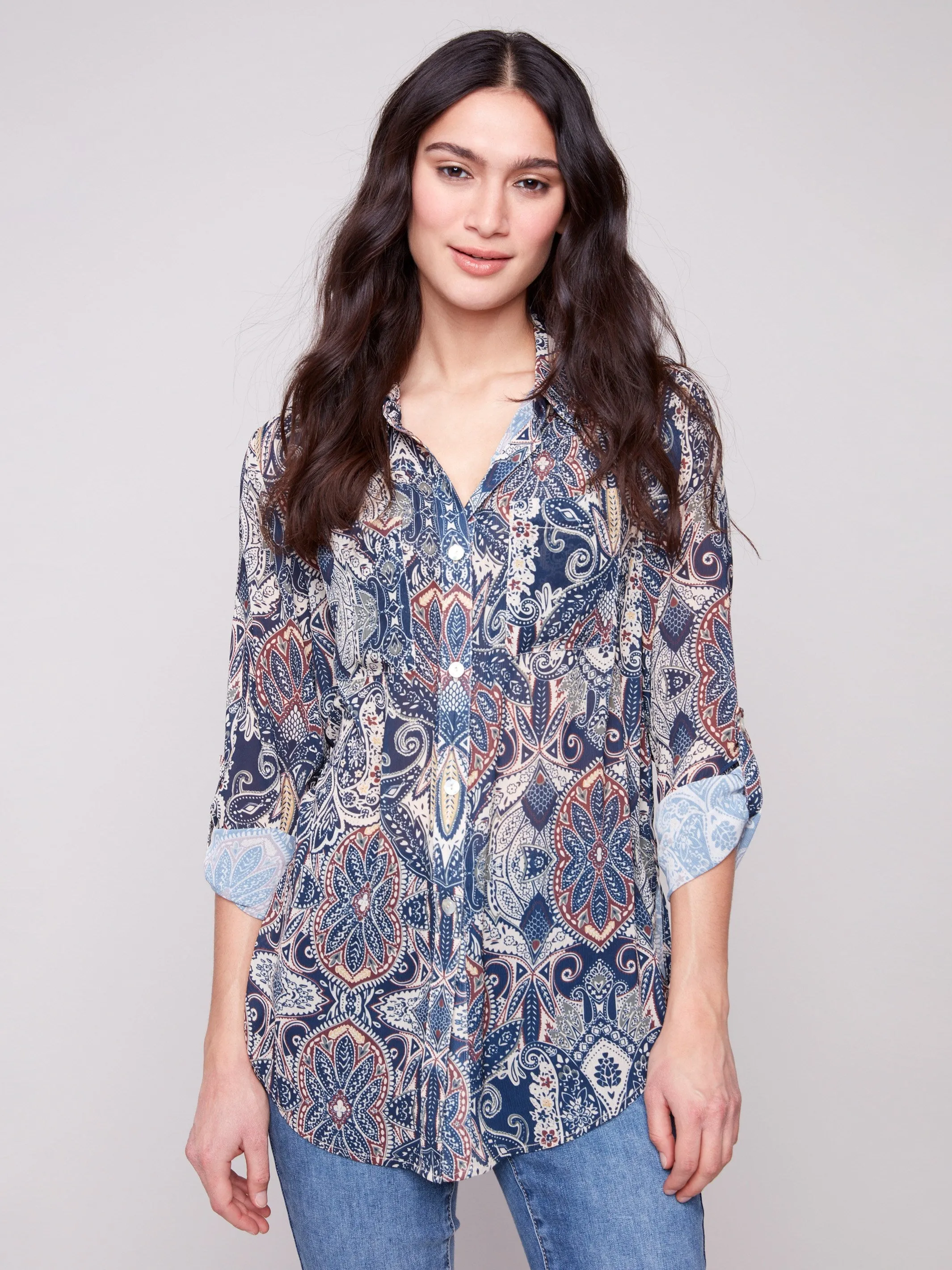 KnotFree Tailoring StainlessZippers Printed Button-Up Blouse - Jolly
